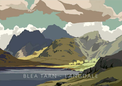 A stylized landscape depicting Blea Tarn in Langdale with mountains, water, and a blend of earthy colors. By Peter McDermott