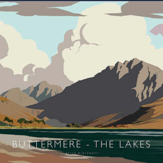 A stylized travel poster depicting Buttermere in the Lake District with mountains, lake, and a mix of earth tones and pastel skies. By Peter McDermott