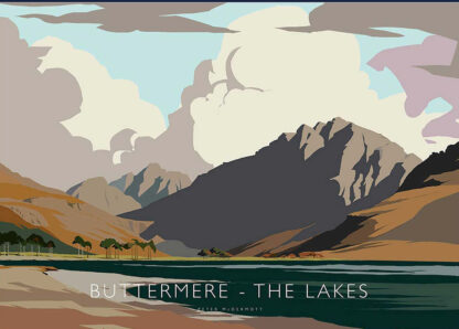 A stylized travel poster depicting Buttermere in the Lake District with mountains, lake, and a mix of earth tones and pastel skies. By Peter McDermott