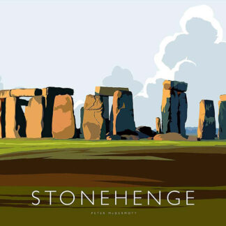 The image depicts a stylized artistic rendering of Stonehenge with bold colors and simplified shapes against a blue sky with clouds. By Peter McDermott