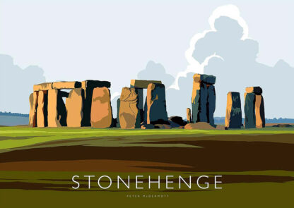 The image depicts a stylized artistic rendering of Stonehenge with bold colors and simplified shapes against a blue sky with clouds. By Peter McDermott