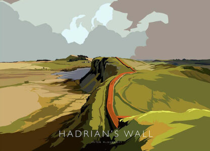 A stylized illustration of Hadrian's Wall stretching across a hilly landscape under a cloudy sky. By Peter McDermott