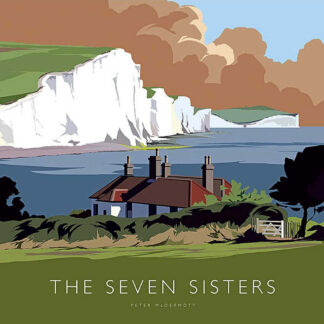 A stylized illustration of a coastal scene featuring white cliffs, known as the Seven Sisters, with a house in the foreground. By Peter McDermott