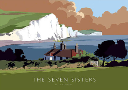 A stylized illustration of a coastal scene featuring white cliffs, known as the Seven Sisters, with a house in the foreground. By Peter McDermott