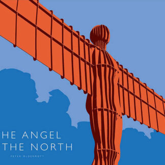Illustration of the Angel of the North sculpture against a blue sky with clouds. By Peter McDermott
