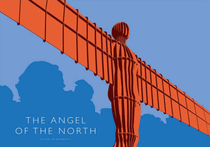 Illustration of the Angel of the North sculpture against a blue sky with clouds. By Peter McDermott