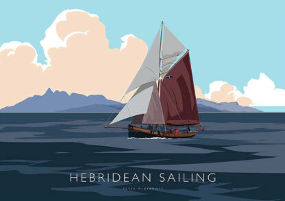 A sailboat is cruising on the water with large sails unfurled against a backdrop of clouds and the title 'Hebridean Sailing.' By Peter McDermott