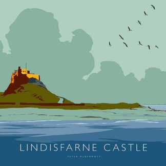 An illustrated poster of Lindisfarne Castle with stylized clouds and birds flying above it. By Peter McDermott