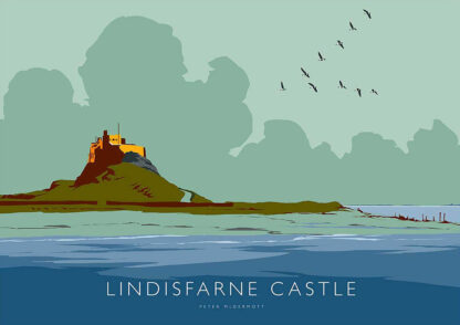 An illustrated poster of Lindisfarne Castle with stylized clouds and birds flying above it. By Peter McDermott