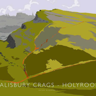 The image is a stylized artistic representation of Salisbury Crags overlooking Holyrood with bold colors and text naming the location. By Peter McDermott