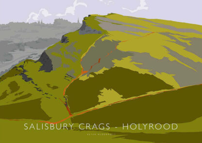 The image is a stylized artistic representation of Salisbury Crags overlooking Holyrood with bold colors and text naming the location. By Peter McDermott