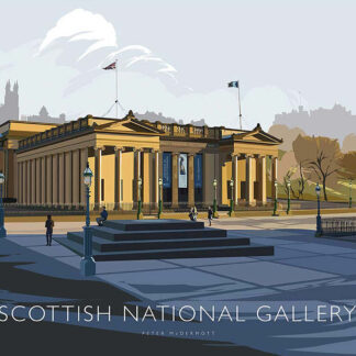 An illustrated depiction of the Scottish National Gallery with figures in the foreground and cityscape in the background. By Peter McDermott