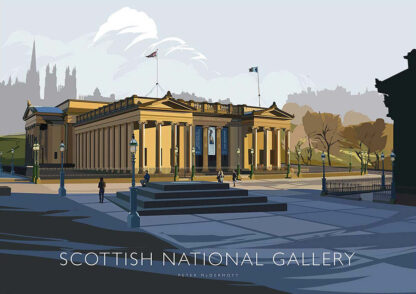 An illustrated depiction of the Scottish National Gallery with figures in the foreground and cityscape in the background. By Peter McDermott