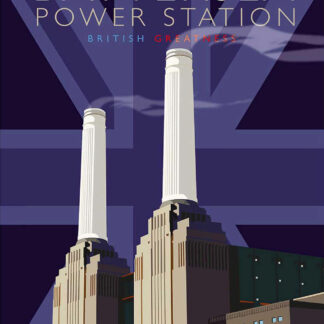 A stylized poster of Battersea Power Station with text promoting it as a symbol of British greatness. By Peter McDermott