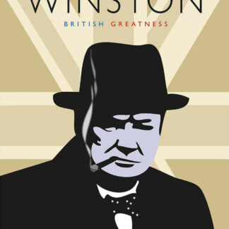 A stylized graphic of a historical figure with the text 'WINSTON BRITISH GREATNESS' on a striped background. By Peter McDermott