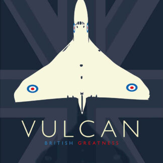 A graphic poster featuring a stylized illustration of the Vulcan bomber with the text 'VULCAN British Greatness' below it. By Peter McDermott