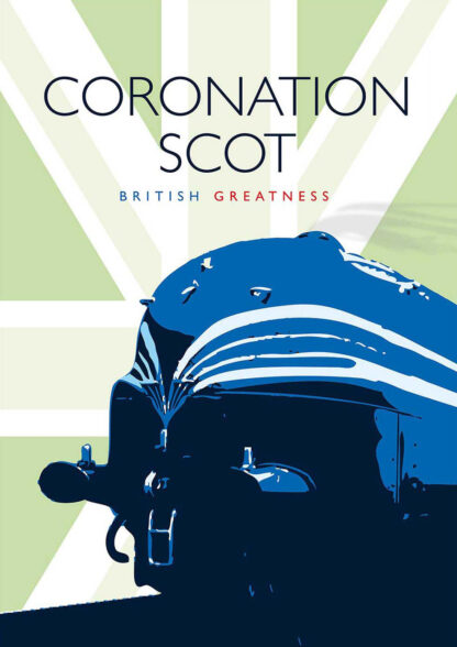 A vintage travel poster with a blue train, titled 'Coronation Scot,' with a stylized British flag in the background. By Peter McDermott