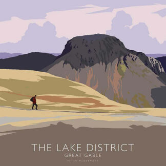 A stylized illustration of a hiker in The Lake District, with the mountain Great Gable in the background. By Peter McDermott