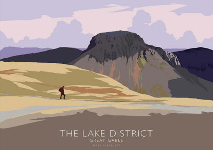 A stylized illustration of a hiker in The Lake District, with the mountain Great Gable in the background. By Peter McDermott