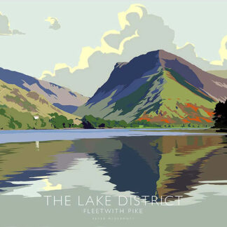 A stylized graphic poster of the Lake District featuring Fleetwith Pike with bold colors and simplified shapes. By Peter McDermott