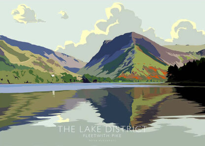 A stylized graphic poster of the Lake District featuring Fleetwith Pike with bold colors and simplified shapes. By Peter McDermott