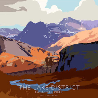 A stylized graphic poster of the Lake District featuring the Langdale Pikes with warm and cool color contrasts. By Peter McDermott