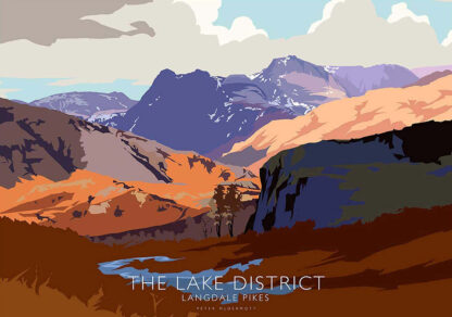 A stylized graphic poster of the Lake District featuring the Langdale Pikes with warm and cool color contrasts. By Peter McDermott