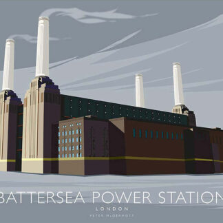 A stylized illustration of Battersea Power Station in London with text labeling the landmark. By Peter McDermott