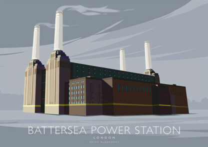A stylized illustration of Battersea Power Station in London with text labeling the landmark. By Peter McDermott