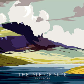 A stylized illustration depicting the scenic landscape of the Isle of Skye with the text 'The Isle of Skye - The Storr' at the bottom. By Peter McDermott