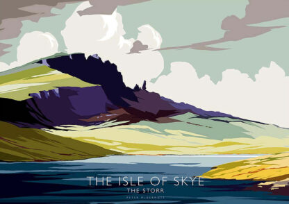 A stylized illustration depicting the scenic landscape of the Isle of Skye with the text 'The Isle of Skye - The Storr' at the bottom. By Peter McDermott