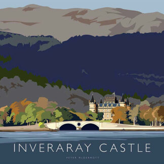 Stylized illustration of Inveraray Castle with a bridge in the foreground and rolling hills in the background. By Peter McDermott