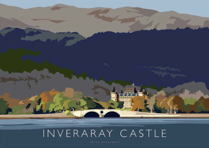 Stylized illustration of Inveraray Castle with a bridge in the foreground and rolling hills in the background. By Peter McDermott