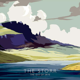 A stylized landscape poster of The Storr on the Isle of Skye with layered hills, water, and cloudy sky, showcasing muted tones and text overlay. By Peter McDermott