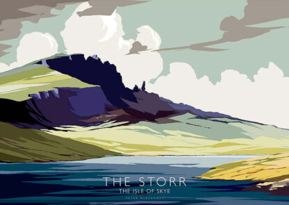 A stylized landscape poster of The Storr on the Isle of Skye with layered hills, water, and cloudy sky, showcasing muted tones and text overlay. By Peter McDermott