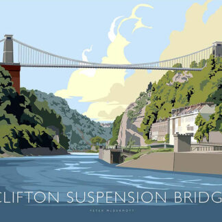 The image is an artistic illustration of the Clifton Suspension Bridge with surrounding landscapes and a river below. By Peter McDermott