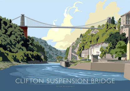 The image is an artistic illustration of the Clifton Suspension Bridge with surrounding landscapes and a river below. By Peter McDermott