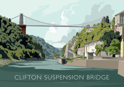 An illustrated poster of the Clifton Suspension Bridge over a river with surrounding greenery and buildings on a clear day. By Peter McDermott