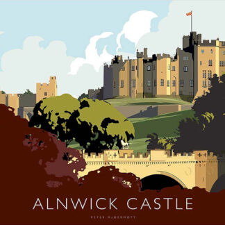 A stylized illustration of Alnwick Castle featuring its iconic architecture, with trees, a bridge, and text naming the castle below. By Peter McDermott