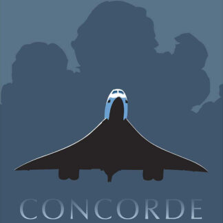 A minimalist poster showing the silhouette of the Concorde aircraft against a blue background with its name and the British and French flags below. By Peter McDermott