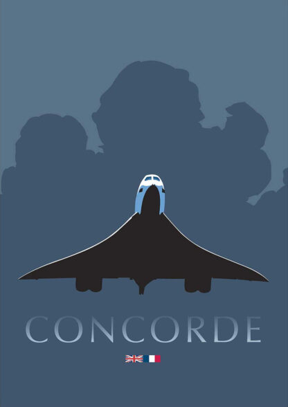 A minimalist poster showing the silhouette of the Concorde aircraft against a blue background with its name and the British and French flags below. By Peter McDermott