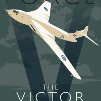 A stylized poster showcasing a vintage military aircraft labeled 'The Victor,' representing the RAF Cold War nuclear bomber force. By Peter McDermott