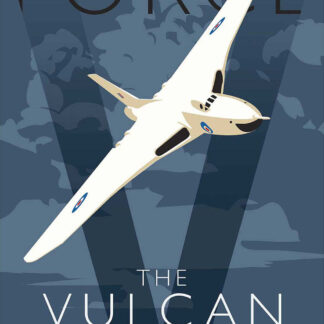 A vintage-style poster featuring a white Vulcan bomber aircraft with the title 'The Vulcan' and the words 'RAF Cold War Nuclear Force.' By Peter McDermott