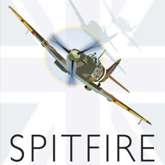 A vintage Spitfire plane, famous from World War II, featured on a poster with the title 'SPITFIRE' underneath. By Peter McDermott