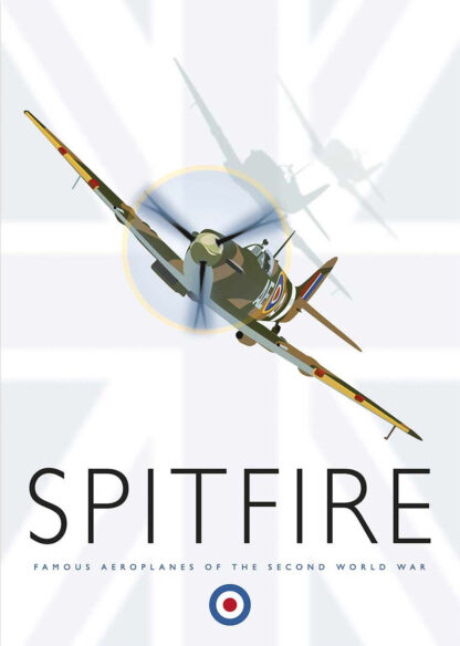 A vintage Spitfire plane, famous from World War II, featured on a poster with the title 'SPITFIRE' underneath. By Peter McDermott