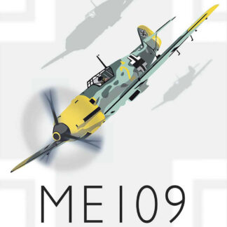 A poster of a World War II fighter plane, labeled 'ME 109,' with silhouettes of aircraft in the background. By Peter McDermott