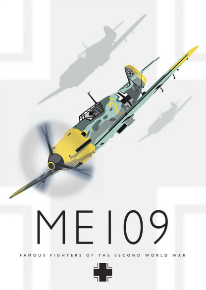 A poster of a World War II fighter plane, labeled 'ME 109,' with silhouettes of aircraft in the background. By Peter McDermott