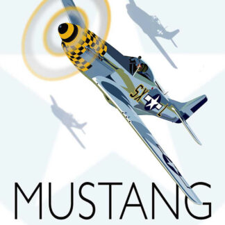 A poster featuring an illustrated WWII-era Mustang fighter plane with a checkered nose, accompanied by the title 'MUSTANG' and tagline 'FAMOUS AEROPLANES OF THE SECOND WORLD WAR.' By Peter McDermott