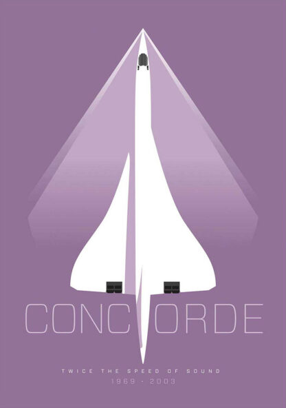 A stylized Concorde aircraft poster with text 'Twice the speed of sound 1969 - 2003'. By Peter McDermott