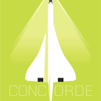 A minimalist poster featuring a stylized illustration of the Concorde airplane with text noting its speed and years of service. By Peter McDermott